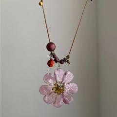 Purple Potentilla Dry Flower Pendant Long Necklace