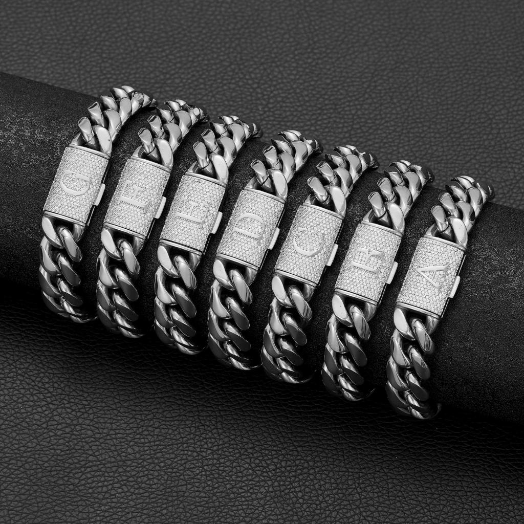 Mens Hip-Hop Lettered Snap-Clasp Encrypted Chain Cuban Link Steel-Colored Necklace