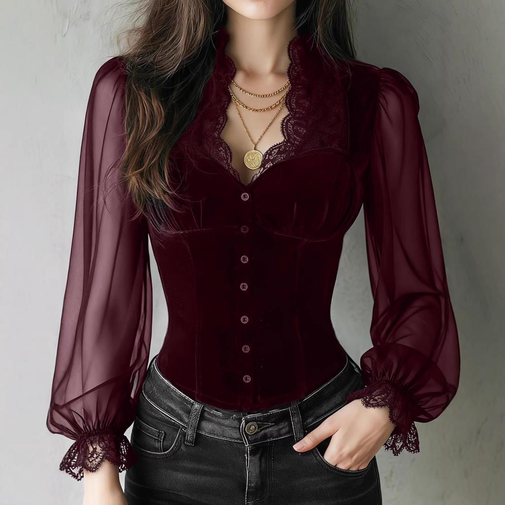 Vintage Lace V-Neck Defined-Waist Shirt For Women