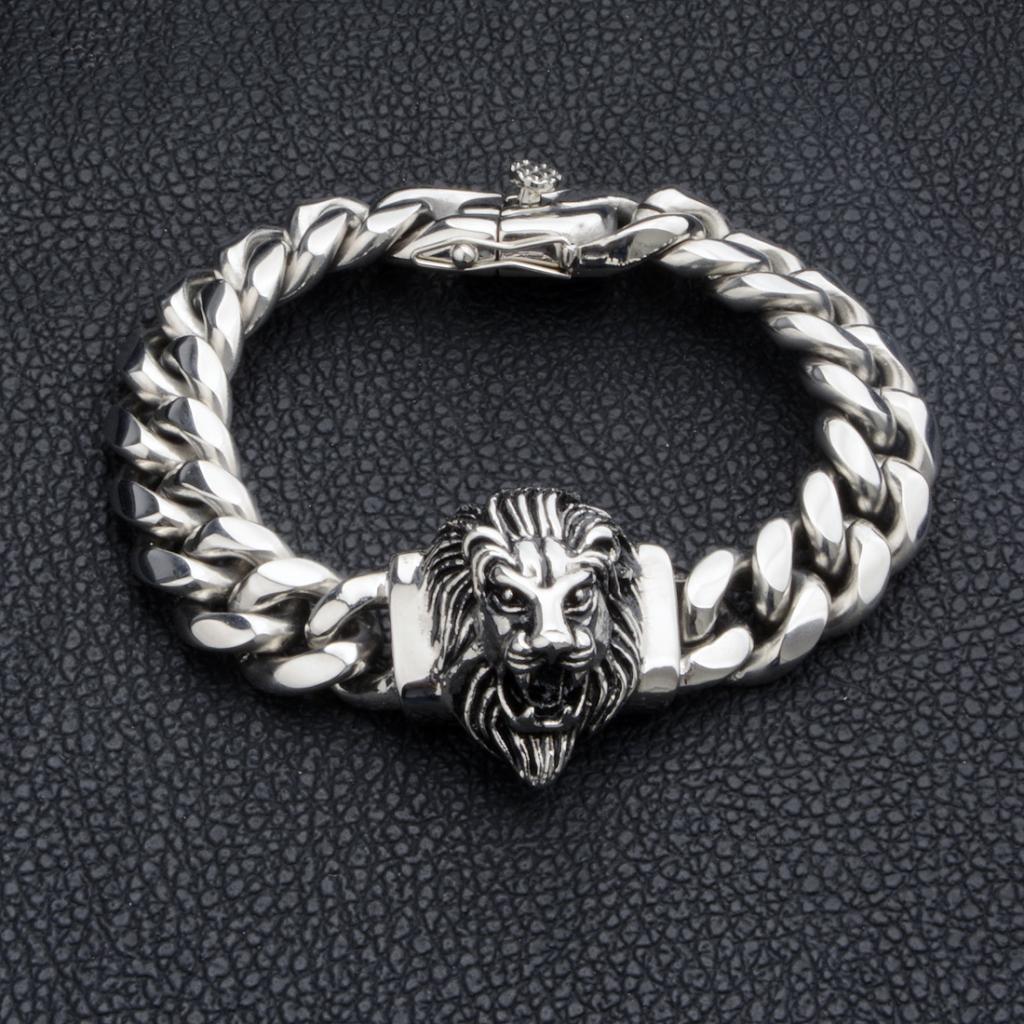 14mm-wide Lion-head Stainless Steel Titanium Alloy Gold-plated Buckle Cuban Mens Bracelet