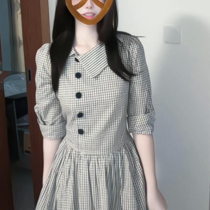 French-style Vintage Plaid Long-sleeved Lapel Dress
