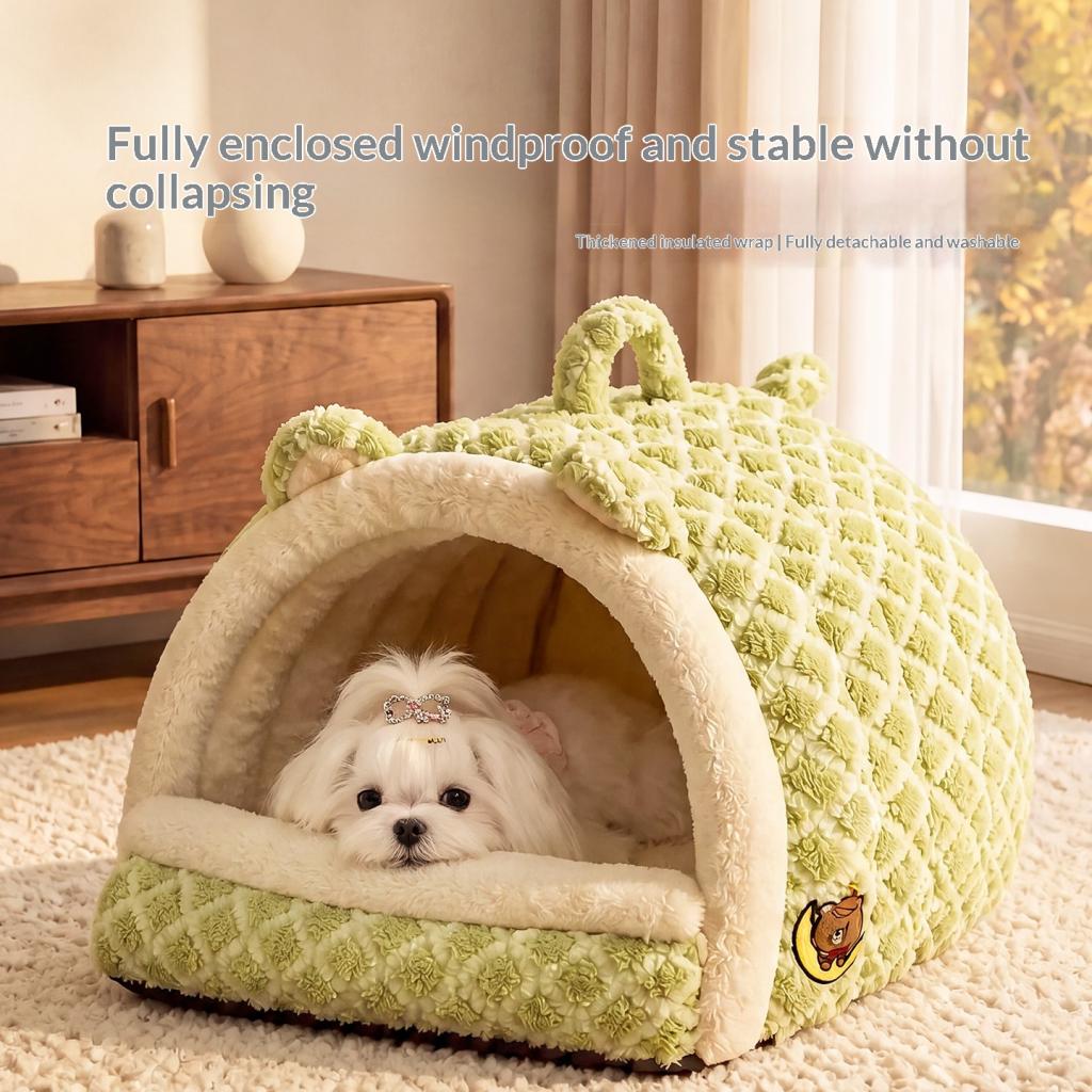 Portable Semi-Enclosed Dual-Use Warm Cloud-Feel Jacquard Diamond-Pattern Dog Bed