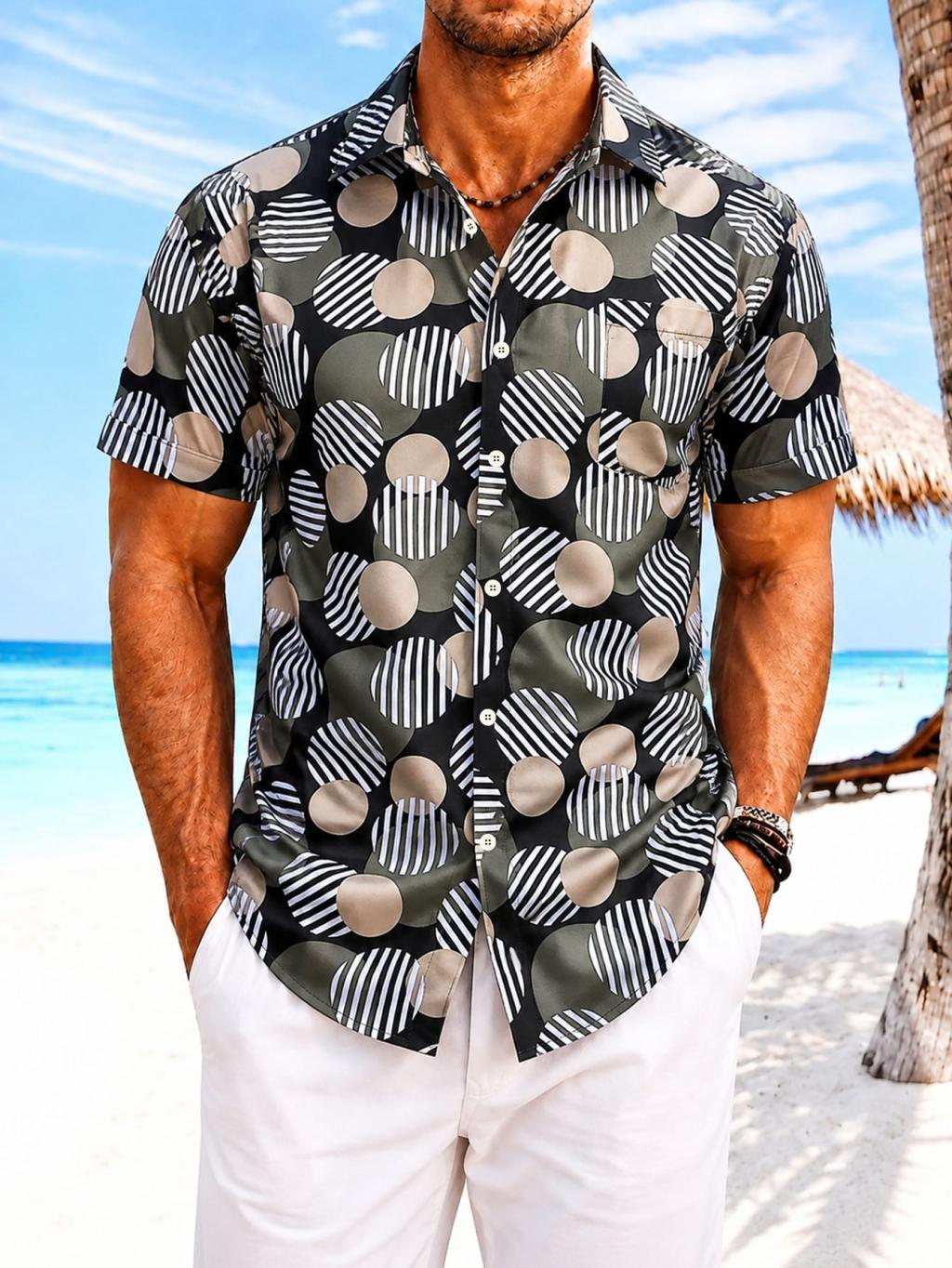 Trendy Men's Resort Wear,All-Over Tropical,Print Button-Up Shirt,Stylish Outfit
