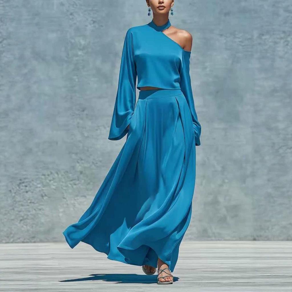 Off-shoulder Halter Suit Women's Bell Sleeve Short Top Skirt Two-piece Suit
