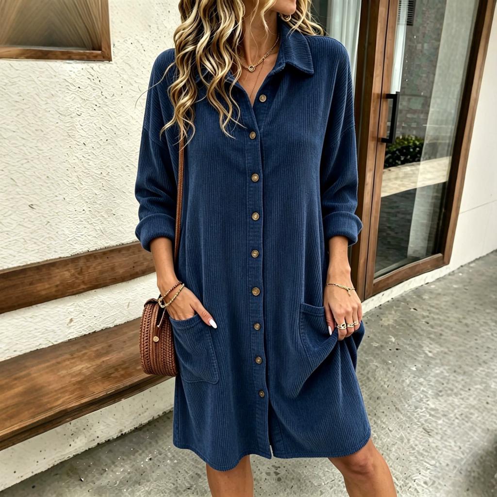 Autumn New Womens Corduroy Shirt Dress With A Turn-down Collar And Single-breasted Design