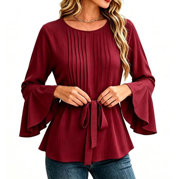 Spring And Autumn Women's Solid Color Blouse Round Neck Long Sleeve Top