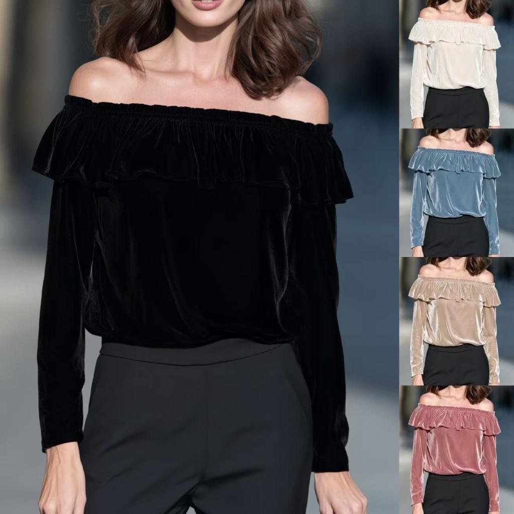 New Autumnwinter Off-shoulder Velvet Long-sleeve Top With Ruffled Hem