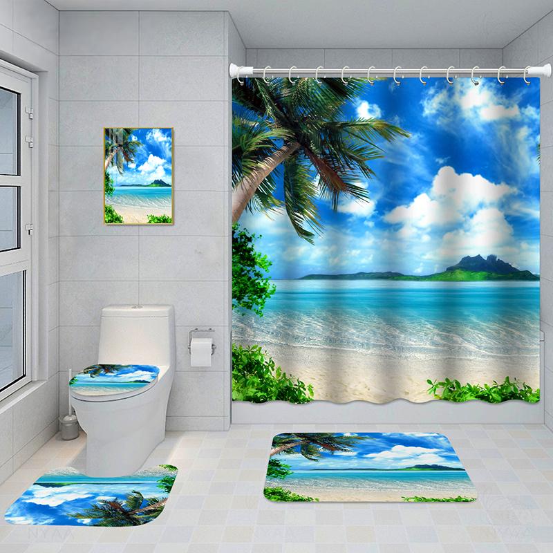 Bathroom Five-piece Set, Shower Curtain, Three-piece Mat Set, Aluminum Alloy Decorative Painting