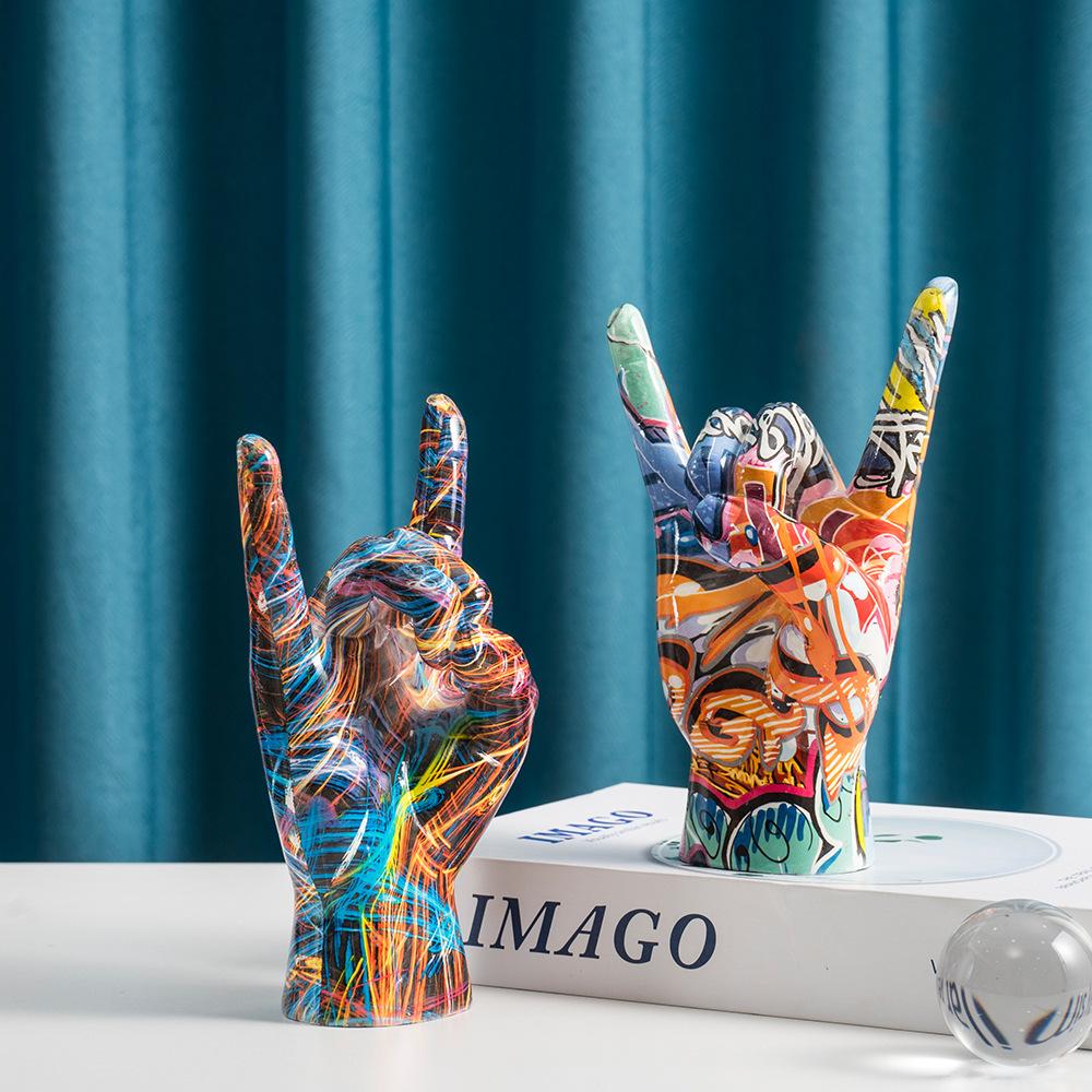 New Graffiti Rock Hand Gesture Water Transfer Resin Ornament