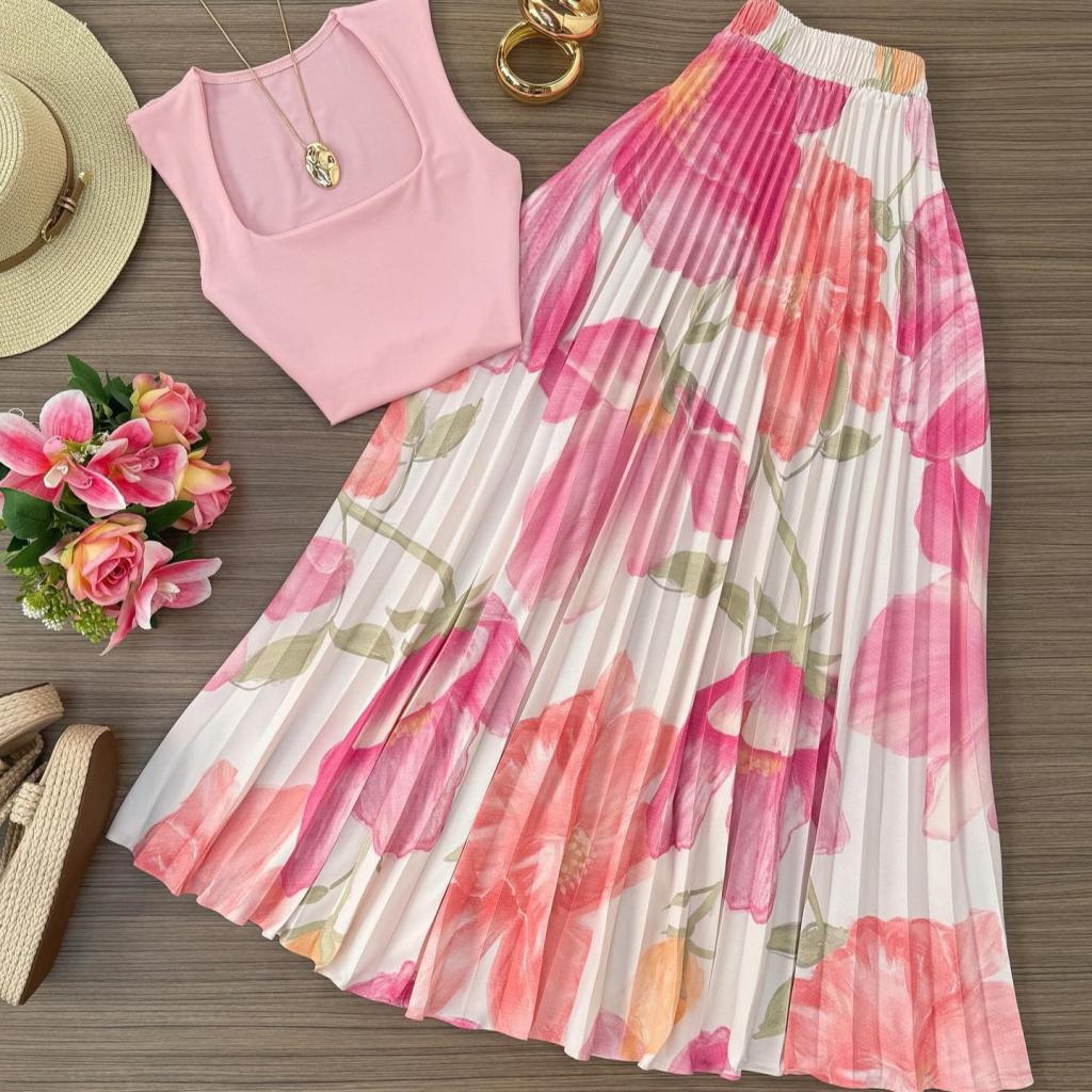 Pink Fitted Top And A-line Figure-flattering Elegant French-style Floral-print Pleated Skirt Set