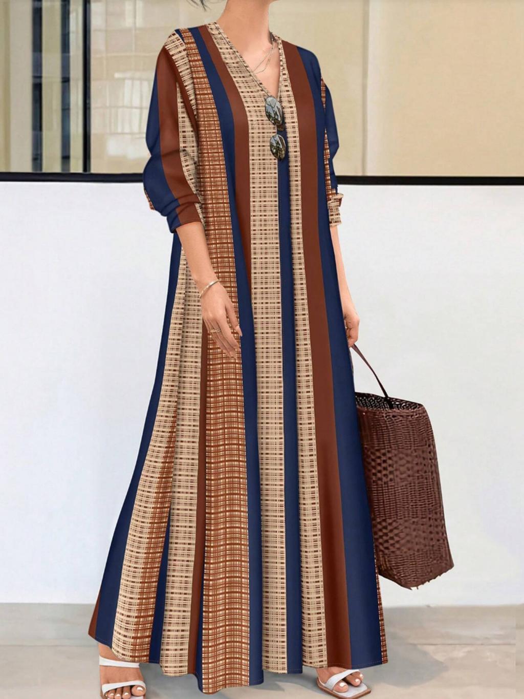 Popular European And American Cross-Border Amazon Fashion Casual Vertical Stripesd V Neck Dress Qing