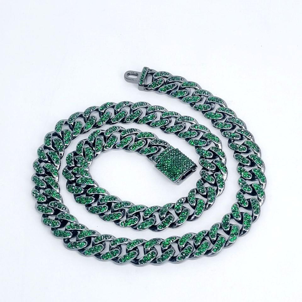 12mm Round Emerald And Diamond-Encrusted Men's Alloy Necklace