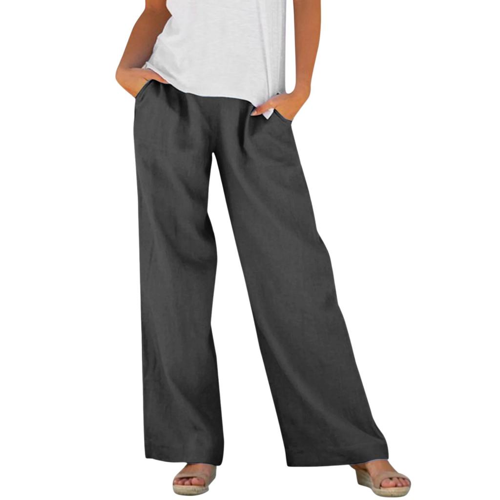 Solid-color Loose-fitting Elastic-waist Wide-leg Casual Pants
