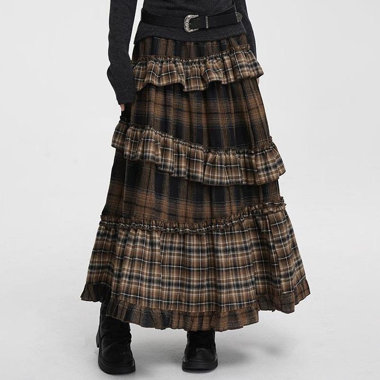Women's Retro Plaid Asymmetric Ruffle-Trim Patchwork Skirt