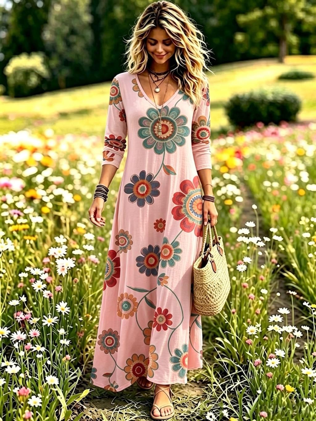 Bohemian Vintage Printed V-Neck Loose Elegant Holiday Long Sleeve Dress