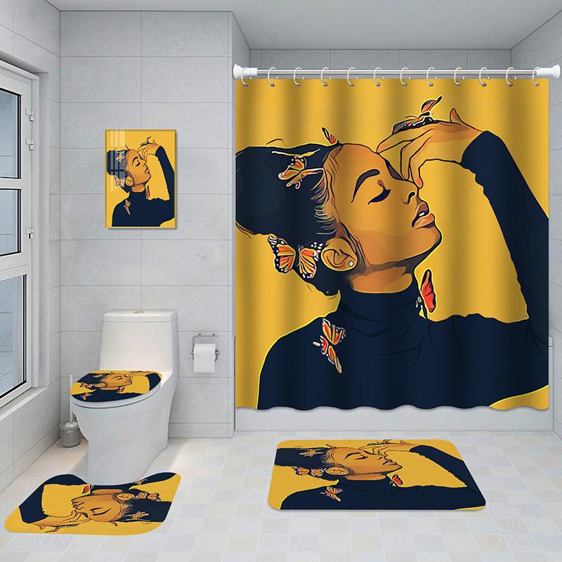 Bathroom Five-piece Set, Shower Curtain, Three-piece Mat Set, Aluminum Alloy Decorative Painting