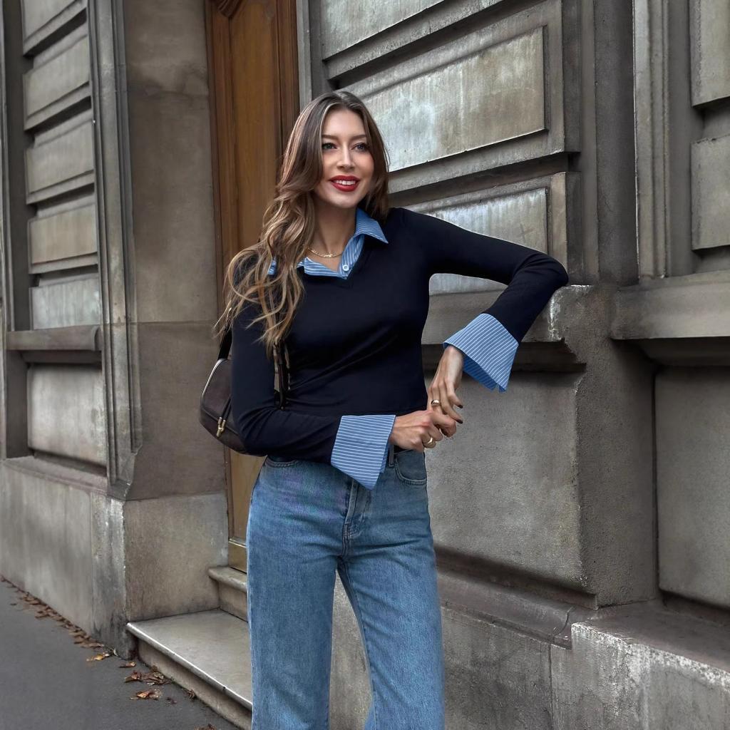 Fake Two-piece Color-blocked Lapel V-neck Shirt