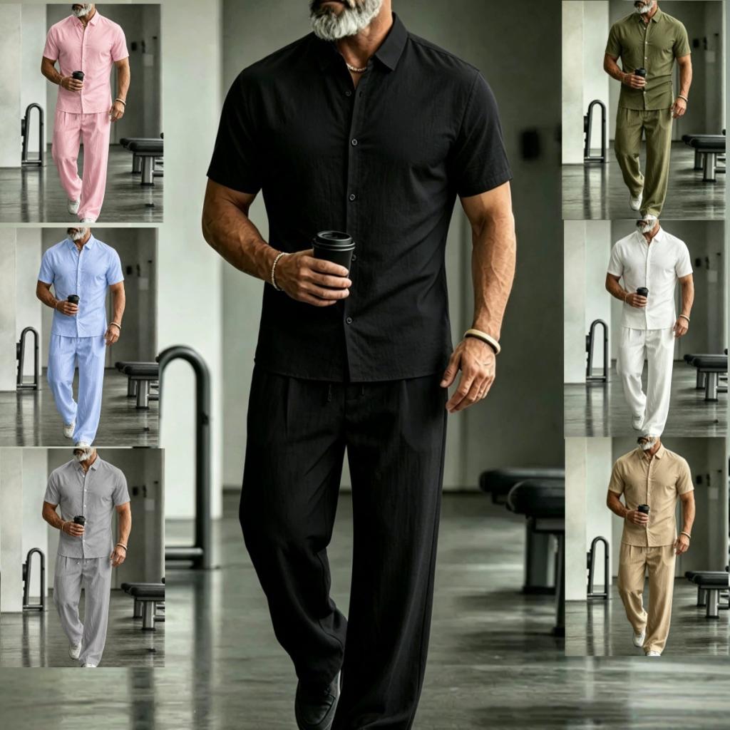 Mens Lapel Short-Sleeve Shirt And Pants Suit