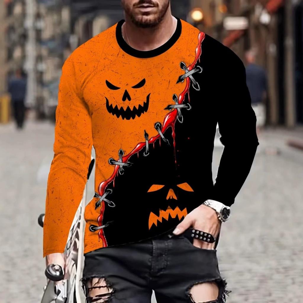Cross-border Comfortable Versatile Men's Crew Neck Long Sleeve T-shirt, 3D Printed Halloween Seri…