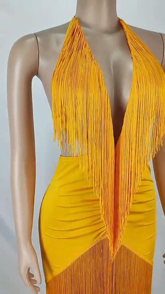 C7780 Cross-border 2026 New Women's Dress Hanging Neck Deep V Backless Tassel Sexy Wrap Hip Dress…